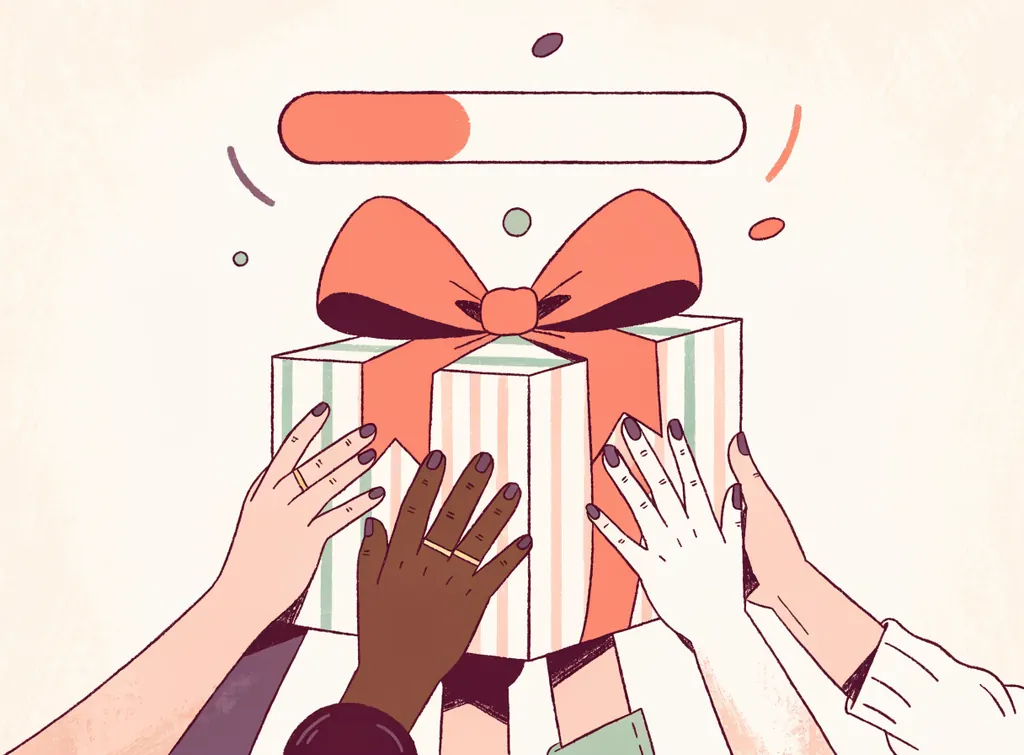 Plusieurs mains soulèvent ensemble un grand cadeau emballé, sous une barre de progression qui se remplit