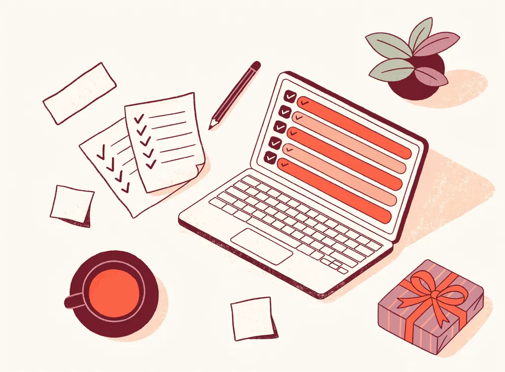 Un bureau vu du dessus : un ordinateur affiche une liste de cadeaux cochée, entouré de croquis, de notes, d'un café et d'un petit cadeau