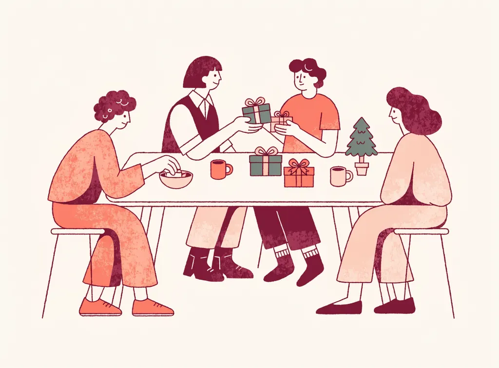 Des collègues autour d'une table s'échangent de petits cadeaux emballés pour leur Secret Santa, près d'un petit sapin