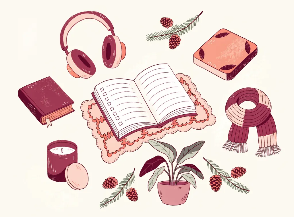 Un carnet de liste de Noël ouvert, entouré d'idées cadeaux : casque audio, livre, bougie, écharpe, plante, jeu et branches de sapin