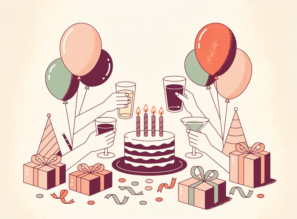 Une table d'anniversaire avec un gâteau aux bougies allumées, des ballons, des cadeaux emballés et des amis qui trinquent