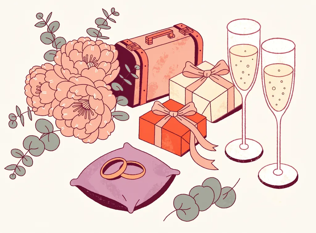 A wedding gift table: wedding rings on a cushion, a bouquet of peonies, wrapped gifts, a suitcase for the honeymoon and champagne glasses