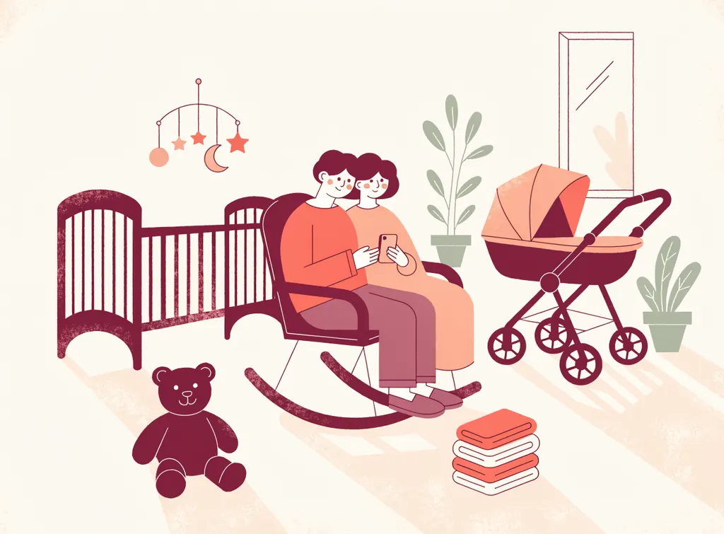 De futurs parents regardent leur téléphone dans une chambre de bébé prête : lit à barreaux, poussette, ours en peluche, mobile et petits vêtements pliés