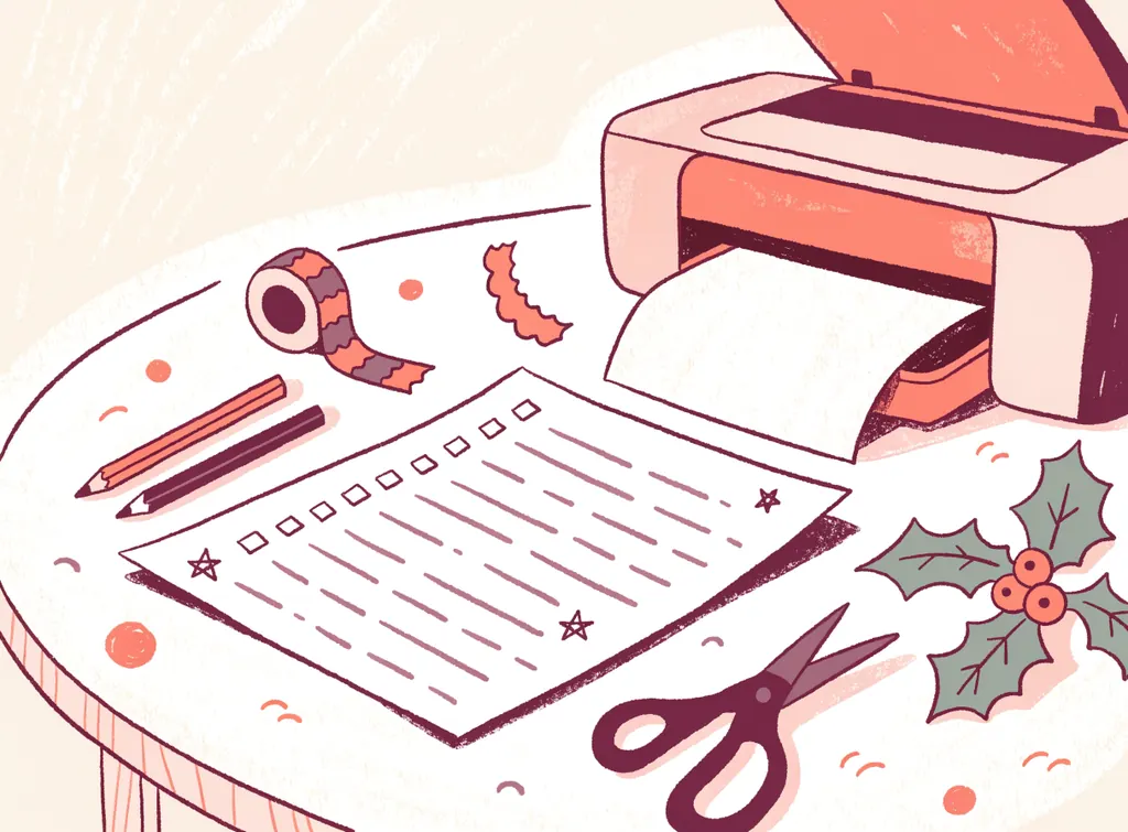 Une liste de Noël à cases imprimée, posée sur une table avec crayons, ruban adhésif, ciseaux et houx, à côté d'une imprimante