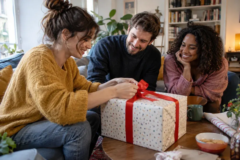 Three relatives prepare a gift together in a living room