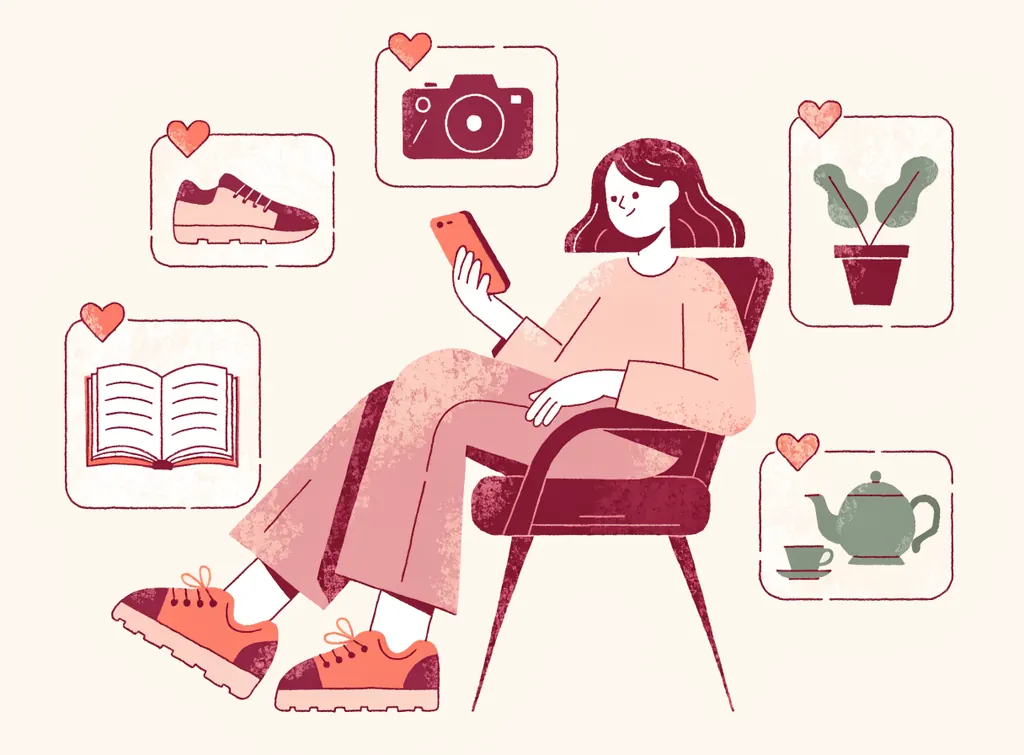 Une jeune femme dans un fauteuil ajoute ses envies à sa wishlist sur son téléphone : baskets, appareil photo, plante, livre et théière
