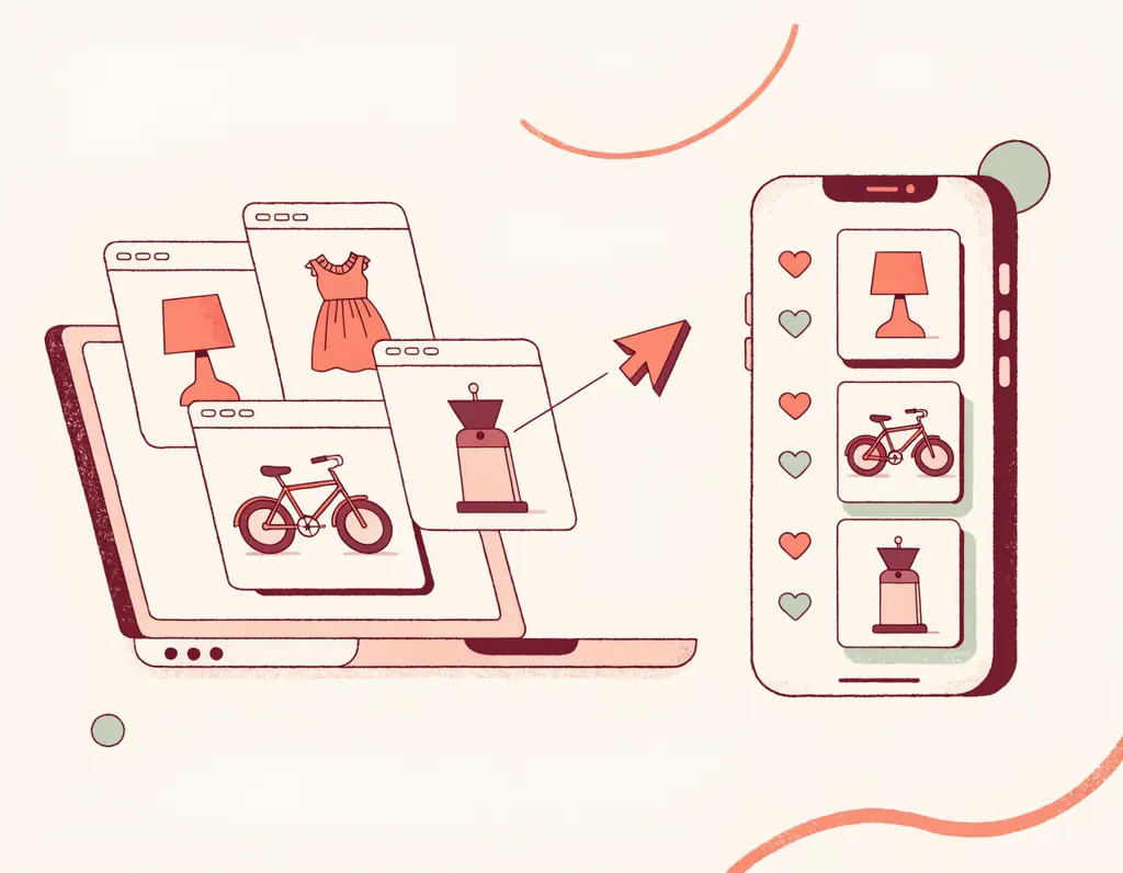 Un ordinateur portable et un smartphone côte à côte : des fiches produits (lampe, robe, vélo, moulin à café) glissent de plusieurs fenêtres vers une seule liste à cœurs