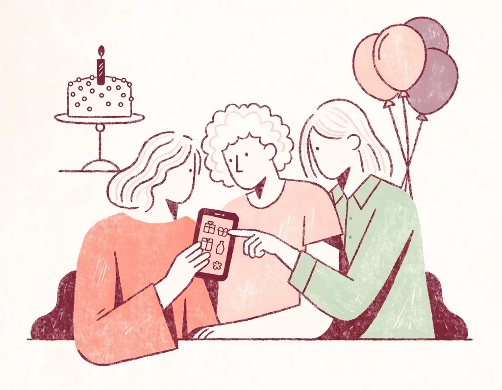 Des amis regardent ensemble une liste de cadeaux sur un smartphone, l'un d'eux montre une idée, avec un gâteau et des ballons en arrière-plan