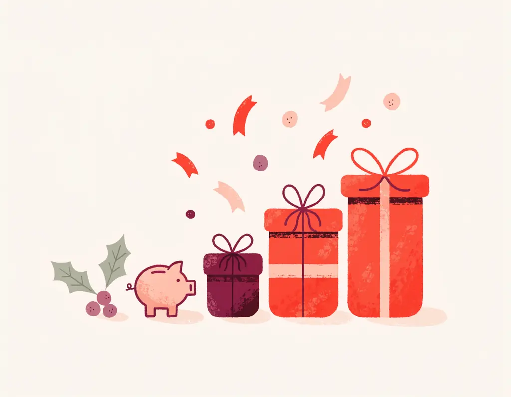 Une tirelire à côté de quatre paquets cadeaux de plus en plus grands, alignés comme des marches, avec du houx et des confettis