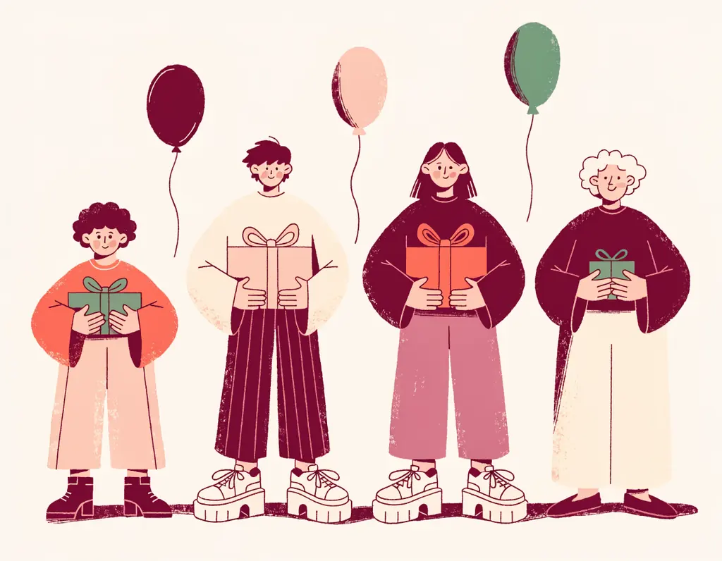 Quatre personnes alignées, chacune avec un cadeau emballé de taille différente, sous des ballons de couleur