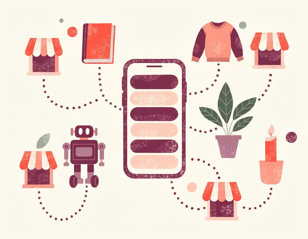 Un smartphone au centre, relié par des pointillés à de petites boutiques d'où viennent un livre, un pull, un robot jouet, une plante et une bougie