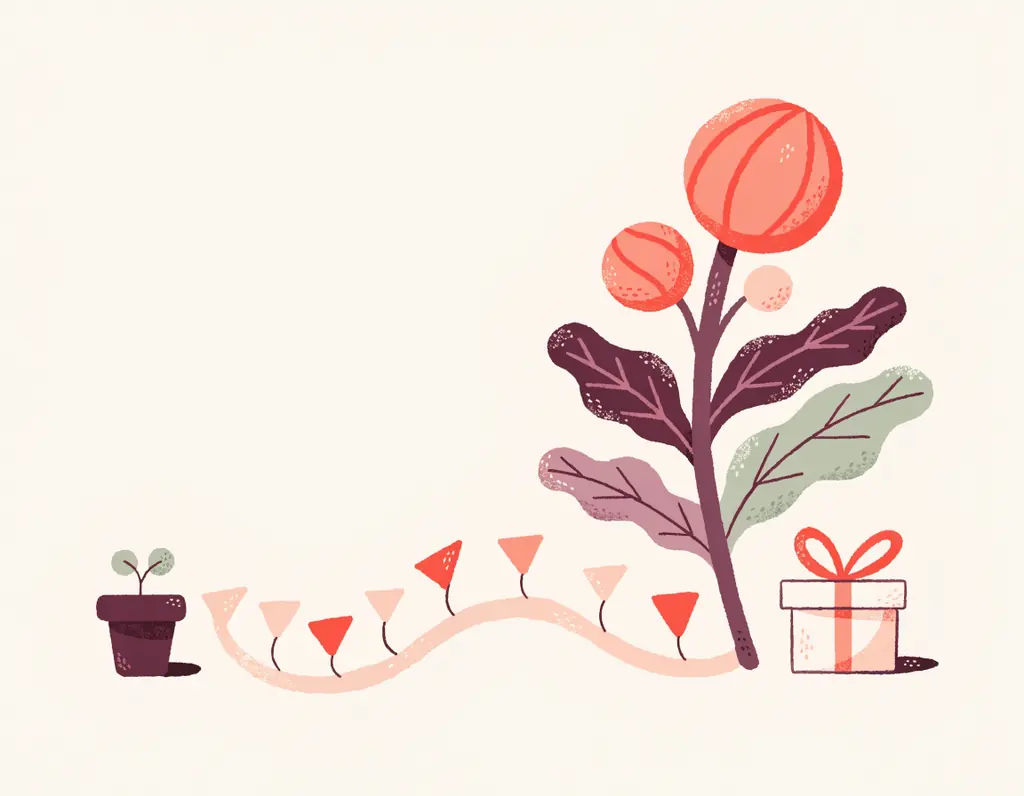 Un chemin sinueux jalonné de petits drapeaux mène d'une jeune pousse à une plante en fleurs, avec un paquet cadeau au bout du chemin