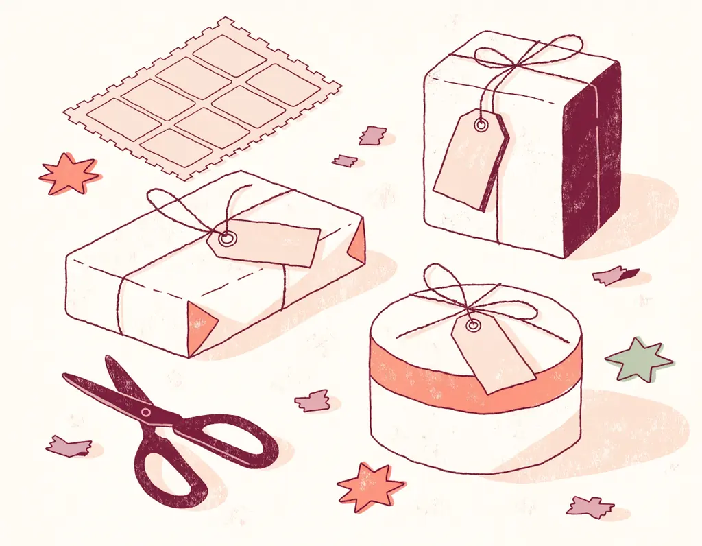 Des paquets cadeaux avec des étiquettes kraft vierges nouées à la ficelle, des ciseaux, une planche d'étiquettes à imprimer et des gommettes étoiles
