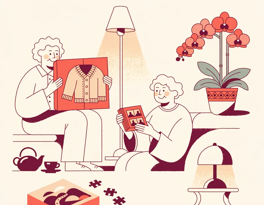Un couple âgé ouvre ses cadeaux dans un salon chaleureux : gilet tricoté, album photo, théière, orchidée en pot et puzzle