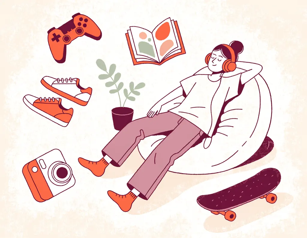 Un adolescent avec un casque sur un pouf, entouré d'idées cadeaux : manette de jeu, baskets, bande dessinée, appareil photo instantané et skateboard