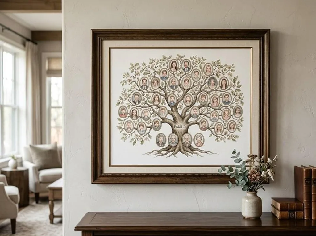 Un arbre généalogique illustré et encadré, accroché au-dessus d’une console dans un intérieur lumineux