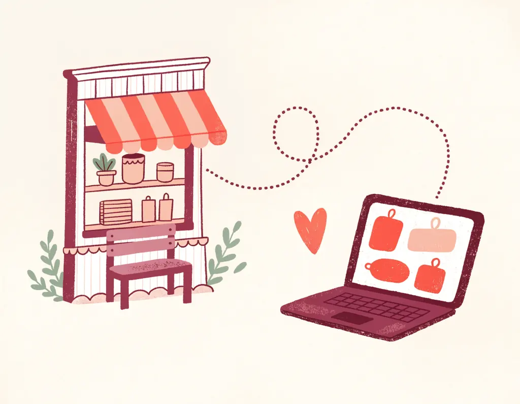 Une petite boutique à auvent reliée par des pointillés à un ordinateur portable qui affiche une liste de cadeaux, un cœur entre les deux
