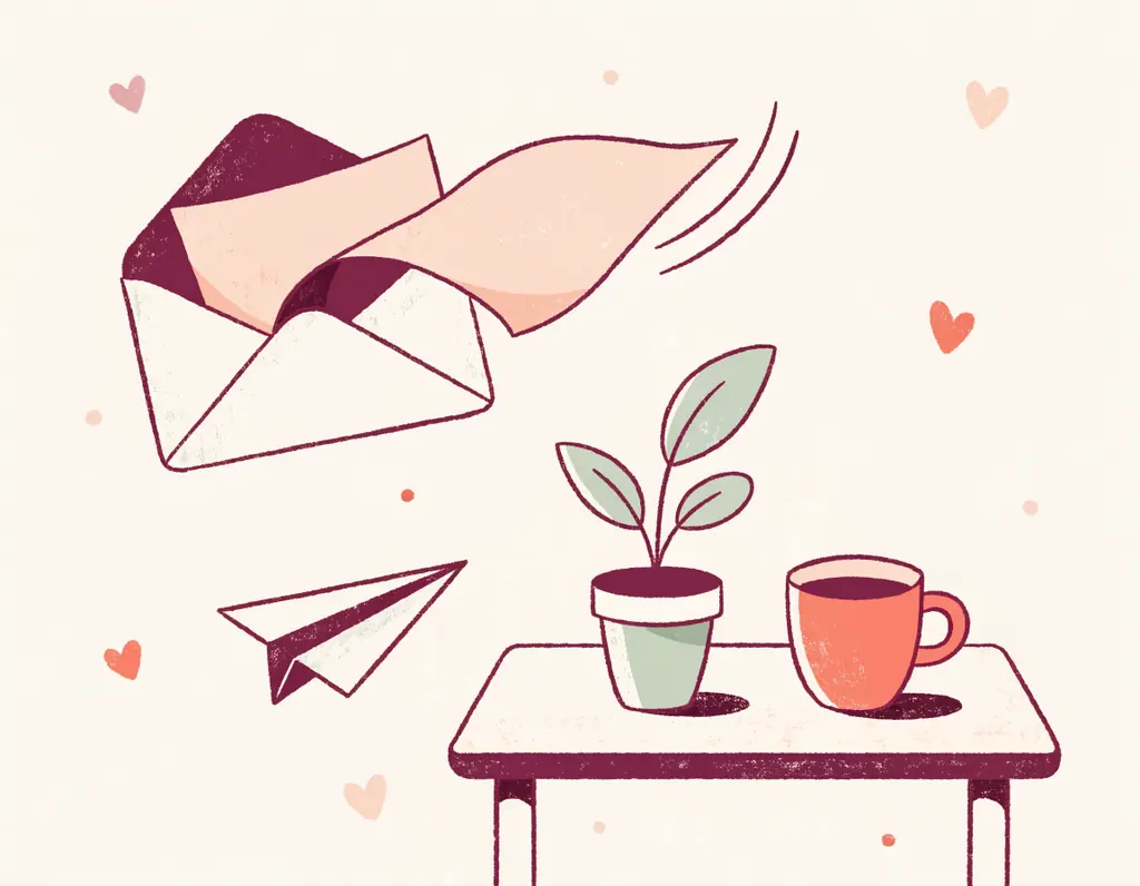 Une enveloppe ouverte d'où s'envole une lettre à lignes vierges, un avion en papier et des petits cœurs, sur un bureau avec une tasse et une plante