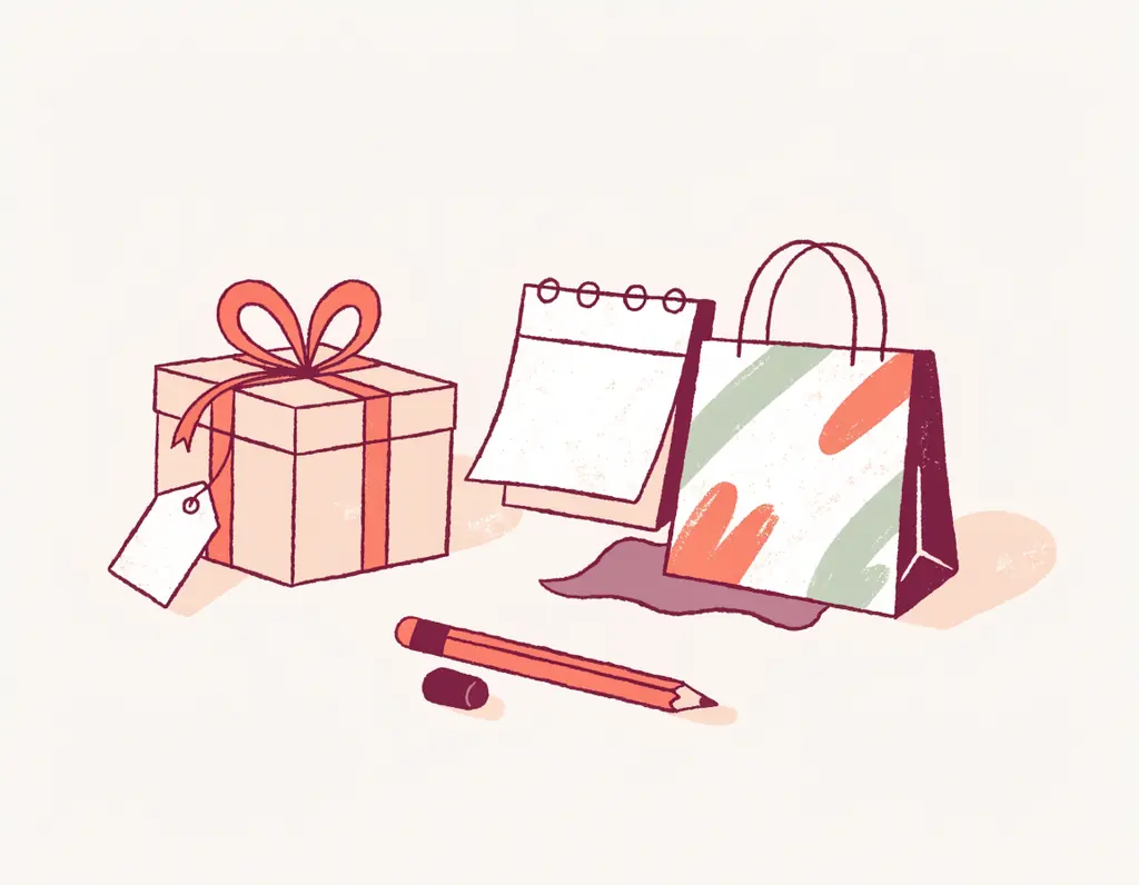 Une étiquette de prix vierge suspendue à un paquet cadeau, à côté d'une page de calendrier et d'un sac d'une petite boutique