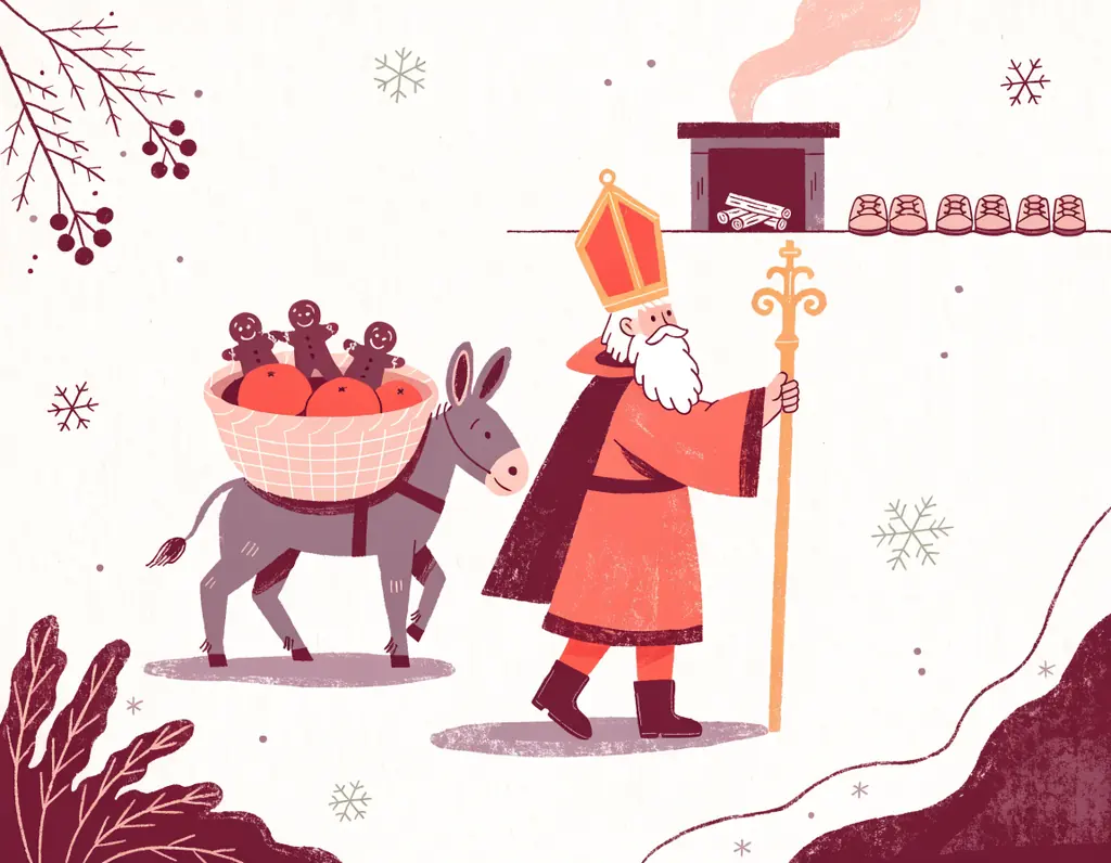 Saint Nicolas avec sa mitre et sa crosse, accompagné de son âne chargé de clémentines et de pains d'épices, devant des souliers d'enfants près de la cheminée