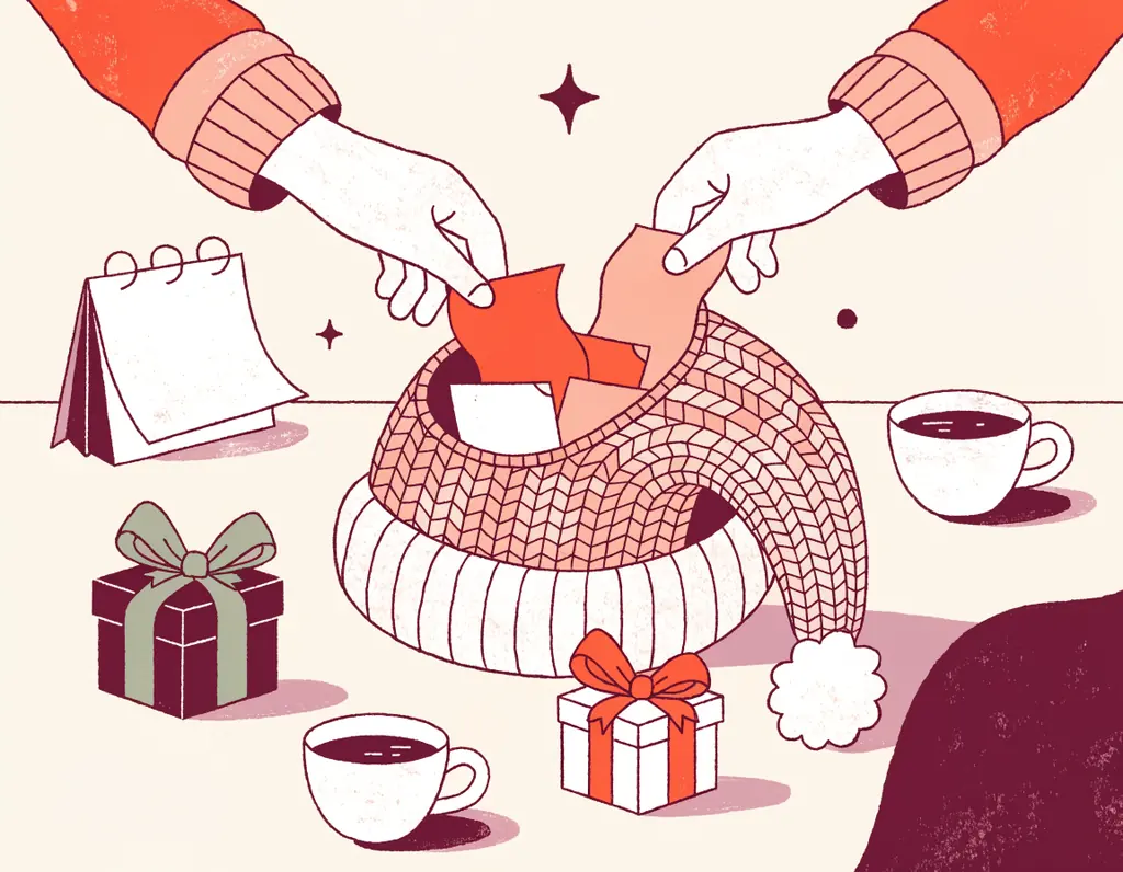 Des mains piochent des papiers pliés dans un bonnet de Père Noël sur une table de bureau, à côté de petits cadeaux emballés et de tasses