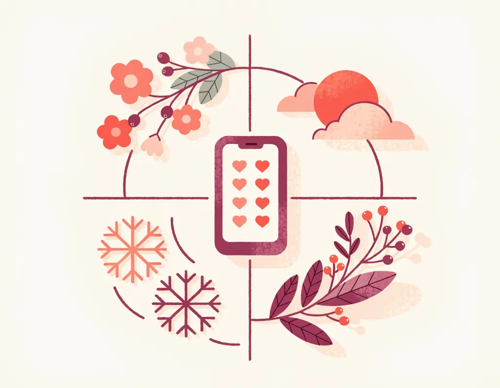 Une roue des quatre saisons (fleurs, soleil, feuilles d'automne, flocons) autour d'un smartphone qui affiche une liste d'envies à cœurs