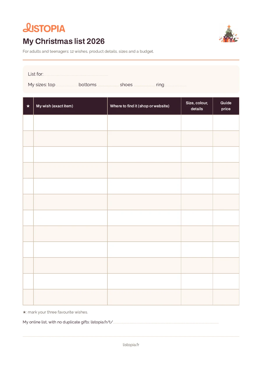 Printable Christmas list for adults : « The grown-ups’ list », illustrated version on white background