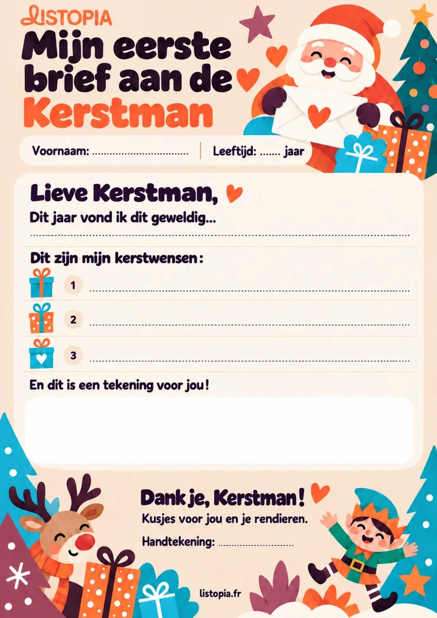 Brief aan de Kerstman om af te drukken : « Mijn allereerste brief », op een gekleurde achtergrond