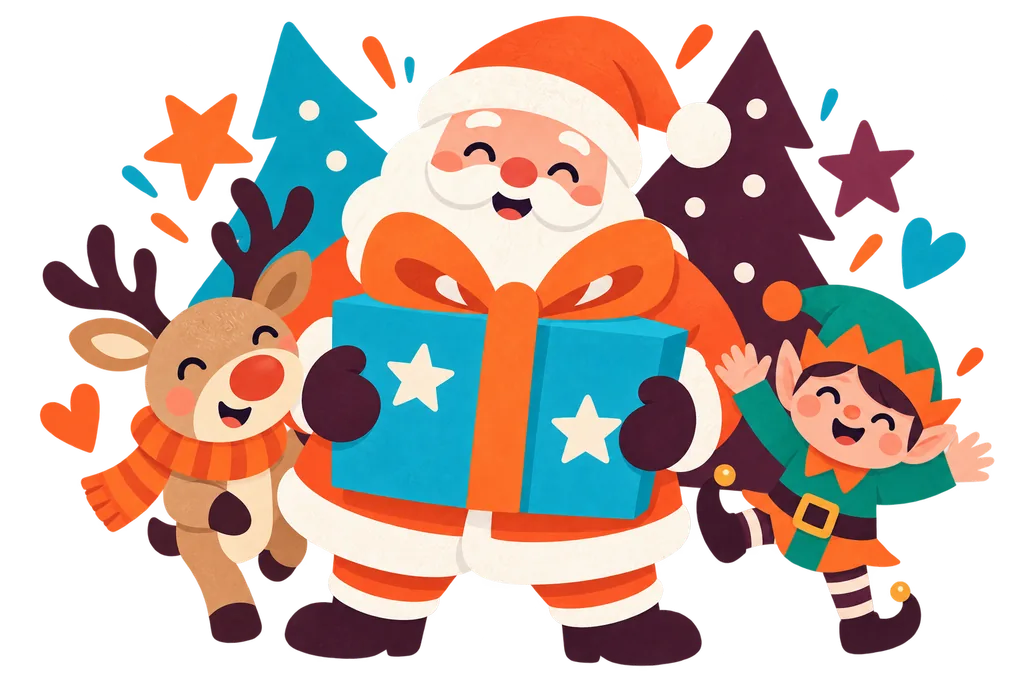 Een lachende Kerstman, een rendier en een elf rond een groot turquoise cadeau