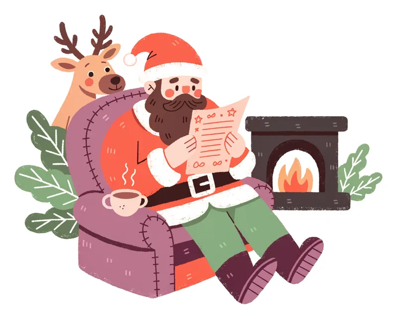 Le Père Noël lit une lettre dans son fauteuil près de la cheminée, un renne derrière lui