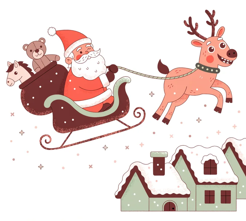 Le Père Noël dans son traîneau tiré par un renne, au-dessus de maisons enneigées, un ours en peluche et un cheval à bascule dans sa hotte