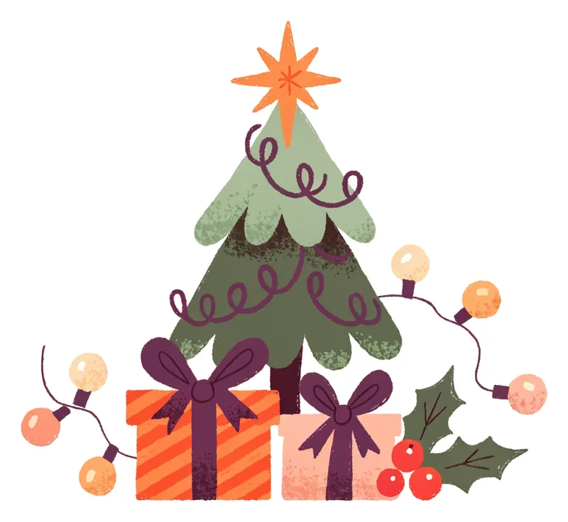 Petit sapin décoré, guirlande lumineuse, houx et paquets cadeaux