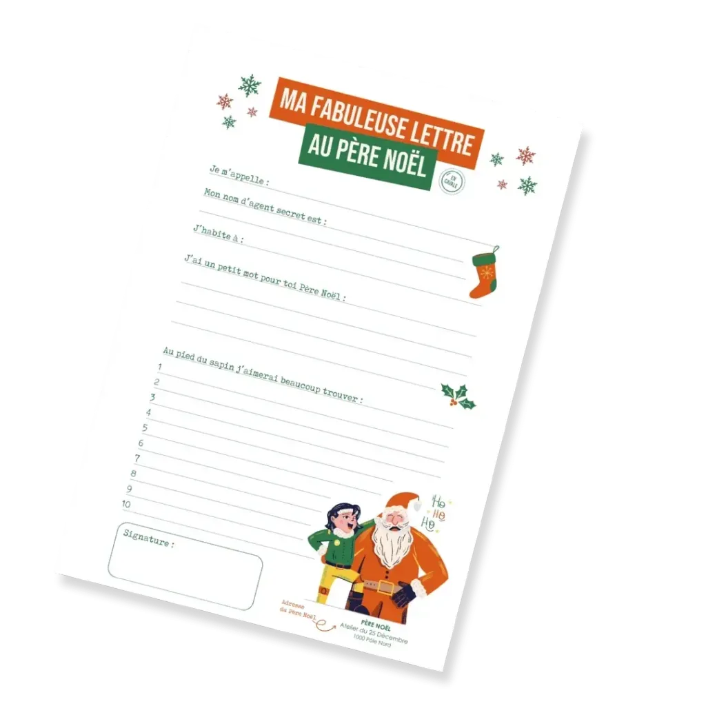 Het sjabloon „Ma fabuleuse lettre au Père Noël” van Éditions En Cavale, met de voornaam, een geheime agentennaam, een briefje en tien regels voor wensen