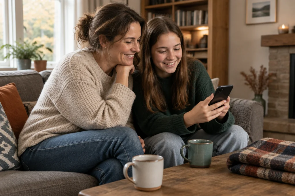 Une adolescente montre son téléphone à sa mère, assises côte à côte sur un canapé