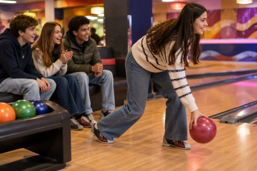 Une bande d’adolescents rit dans un bowling pendant qu’une amie lance sa boule