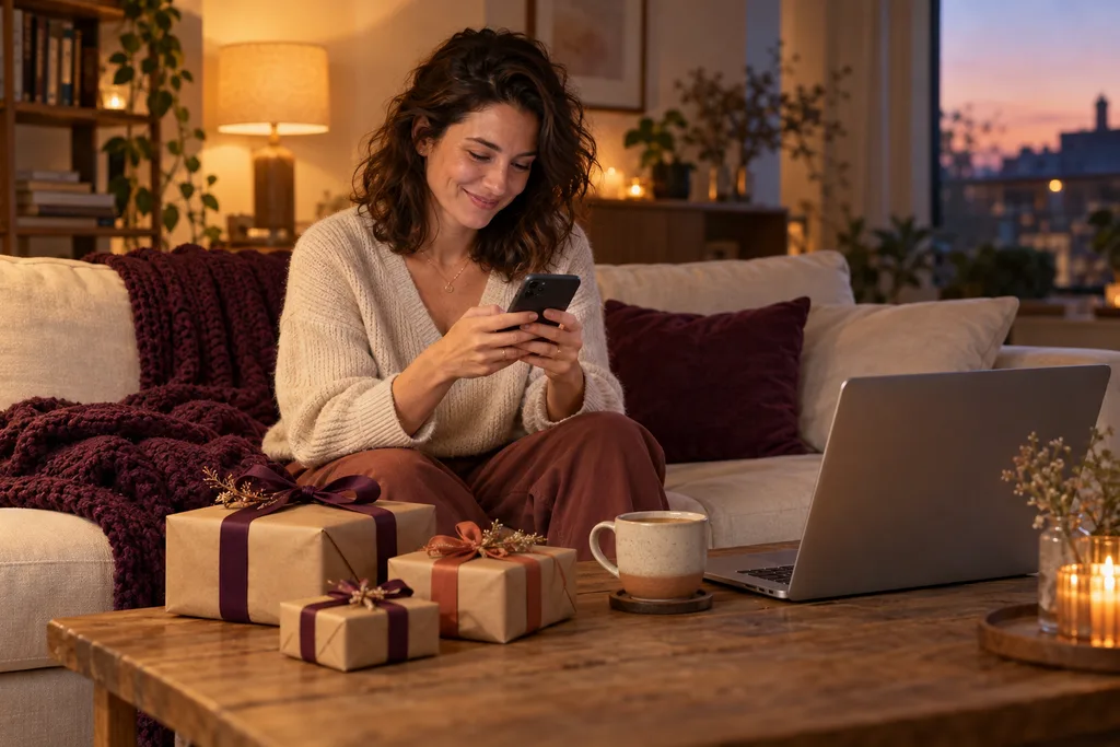 Une femme sourit en écrivant sur son téléphone dans son canapé, des cadeaux emballés de papier kraft sur la table basse