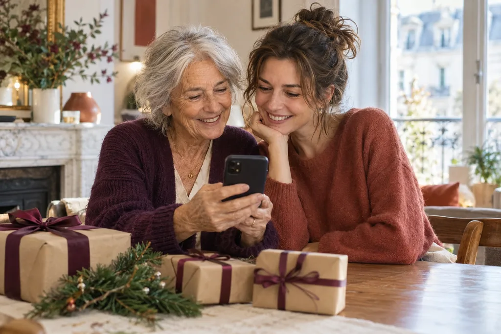 Une grand-mère et sa petite-fille regardent ensemble un téléphone devant des cadeaux emballés