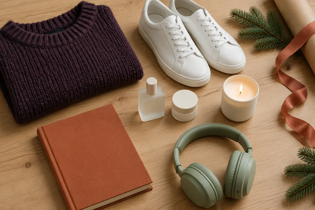 Un pull prune, des baskets blanches, un flacon de parfum, une bougie, un livre et un casque audio posés sur une table en bois