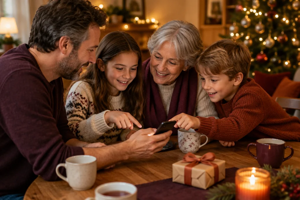 Un père montre la liste de Noël de la famille sur son téléphone à une grand-mère et deux enfants autour d’une table
