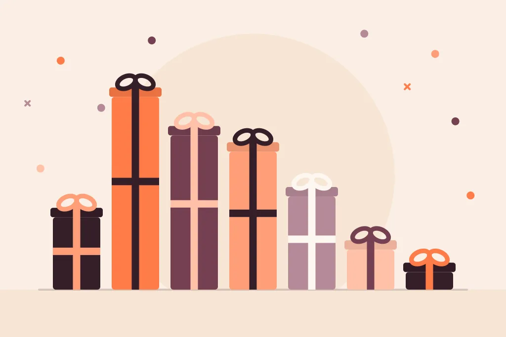 Sept paquets cadeaux alignés du plus petit au plus grand, comme les barres d’un graphique