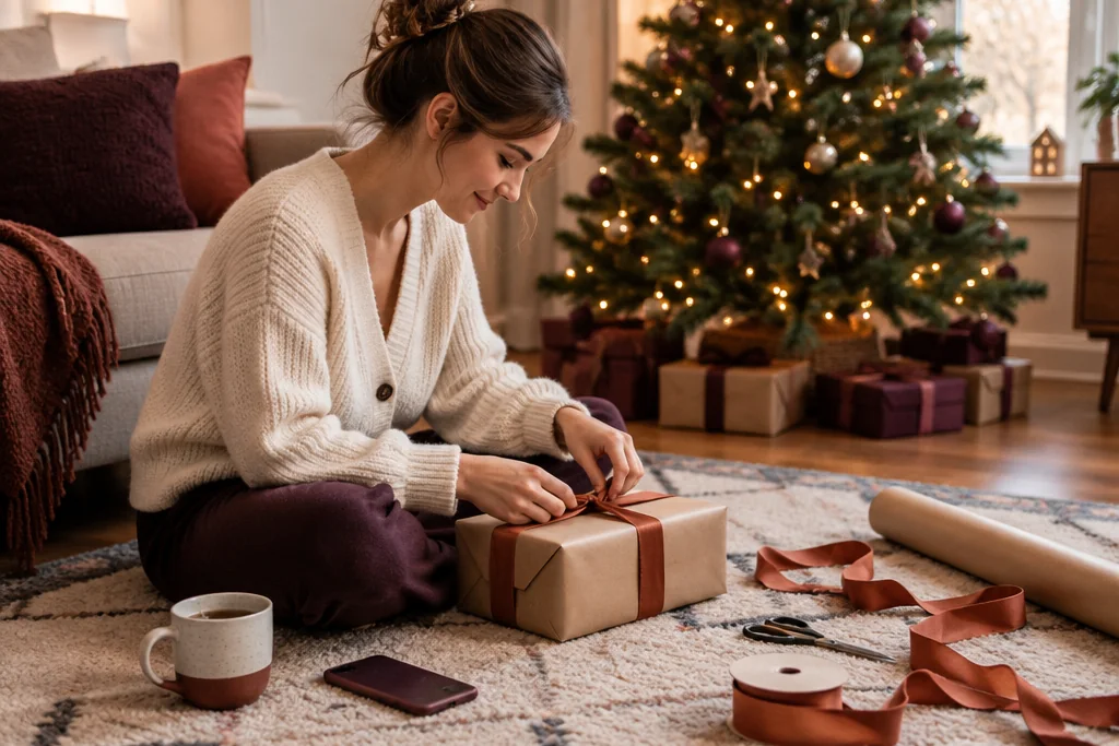 Une jeune femme assise sur un tapis emballe un cadeau avec du papier kraft et un ruban près du sapin