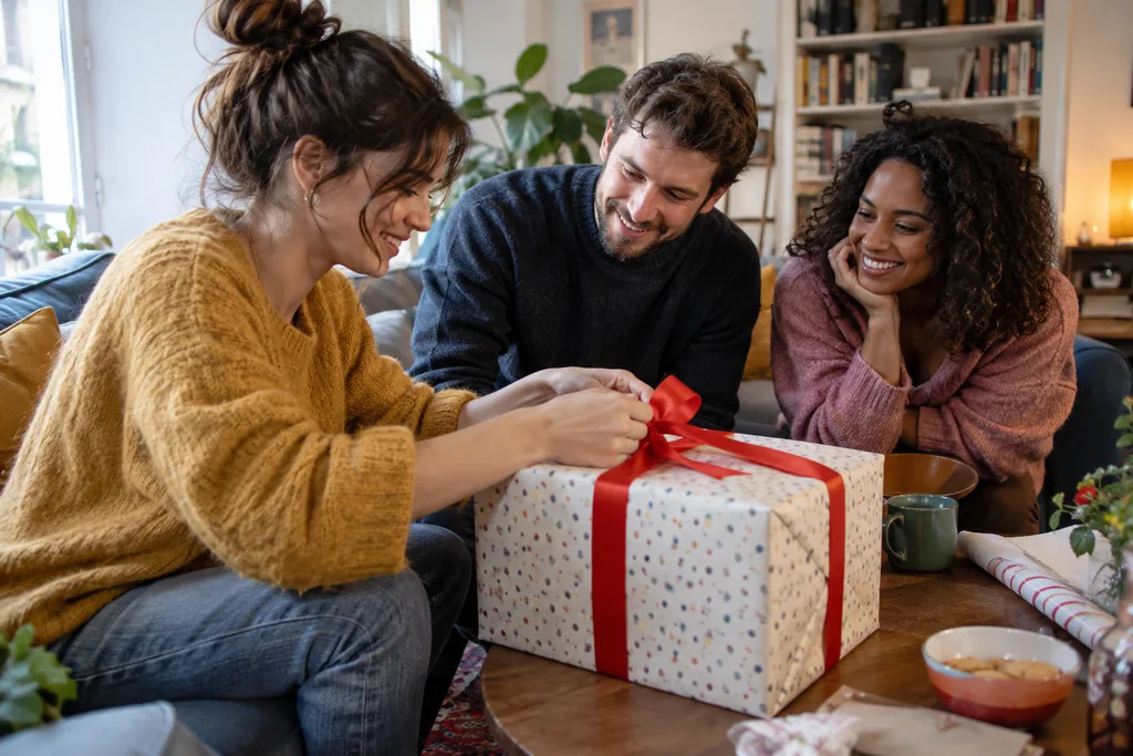 Trois amis préparent ensemble un grand cadeau emballé