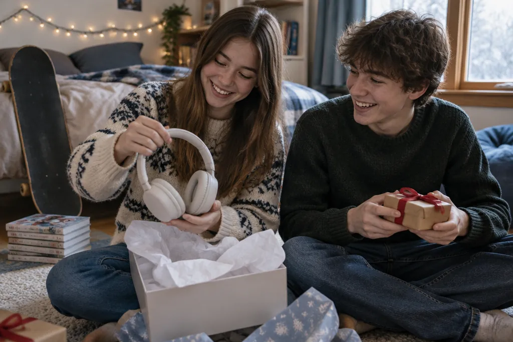 Une adolescente sort un casque audio de son paquet cadeau, assise par terre dans sa chambre à côté d’un adolescent qui tient un petit cadeau emballé