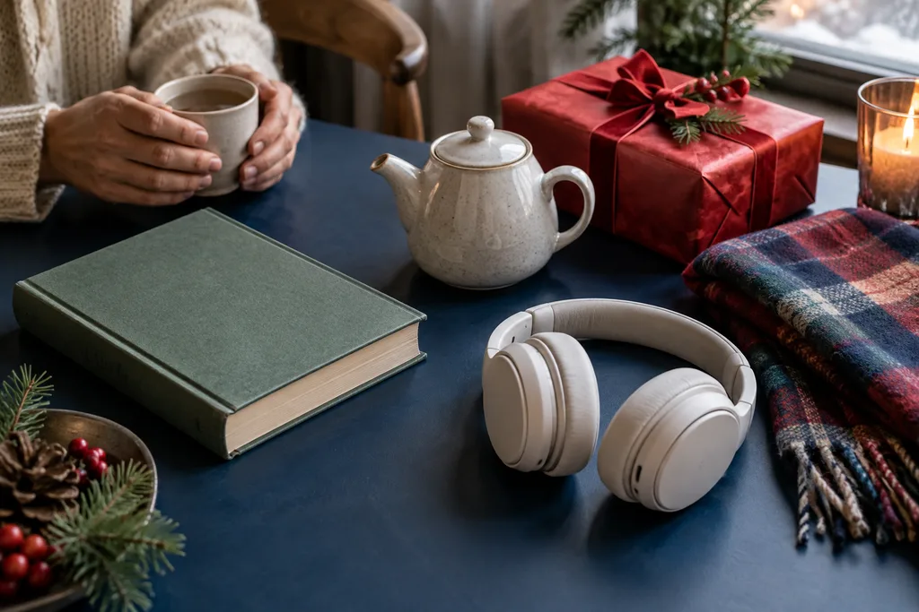 Un livre, une théière, un casque et une écharpe composent une sélection de cadeaux