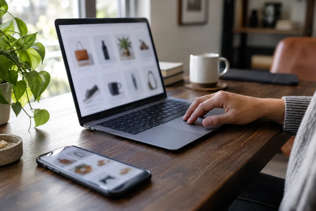 Un ordinateur et un téléphone affichent des sélections de produits sur un bureau