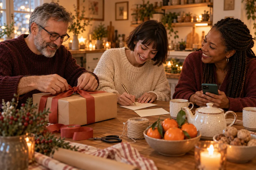 Trois amis préparent à la table de la cuisine un grand cadeau commun, l’un noue le ruban, une autre écrit la carte