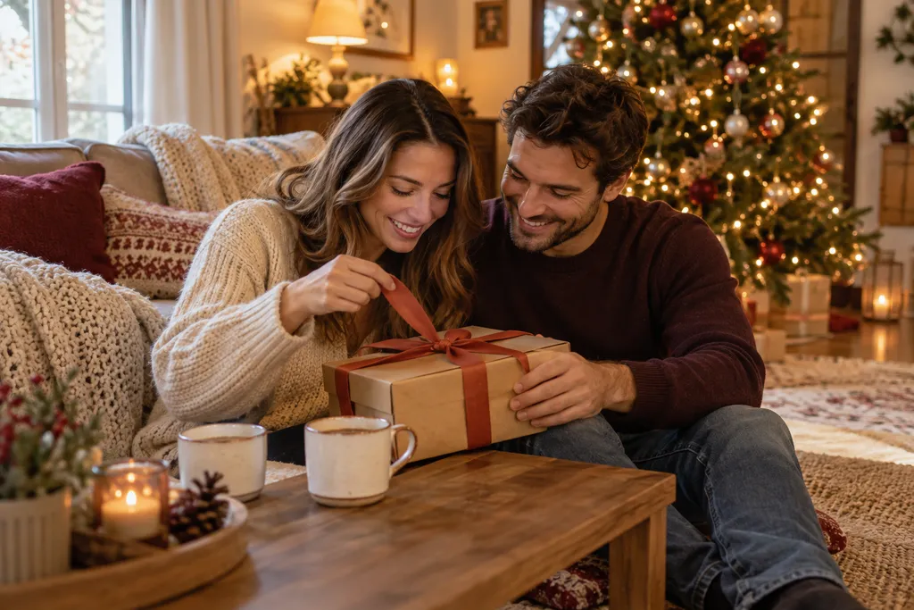 Un couple assis sur un tapis ouvre ensemble un cadeau emballé de kraft et de ruban rouille, près du sapin