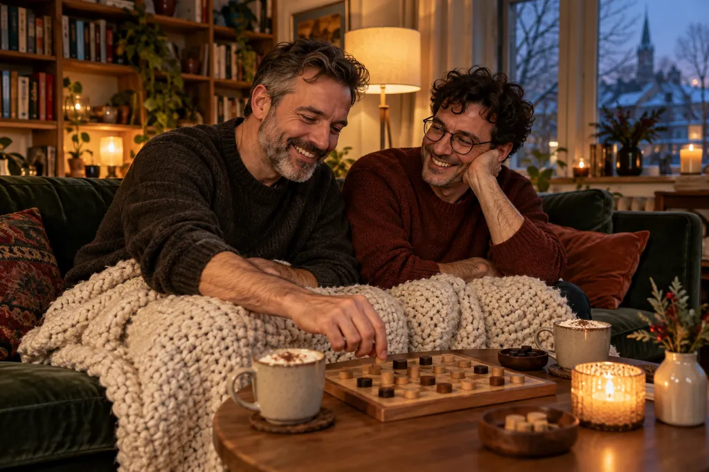 Deux hommes partagent un grand plaid en grosse maille sur un canapé vert et jouent à un jeu en bois, deux chocolats chauds et une bougie sur la table