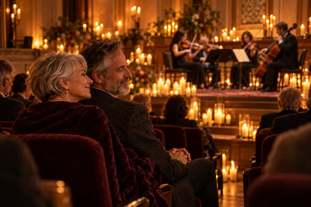 Un couple d’une soixantaine d’années, côte à côte dans le public d’un concert éclairé de bougies, devant un quatuor à cordes
