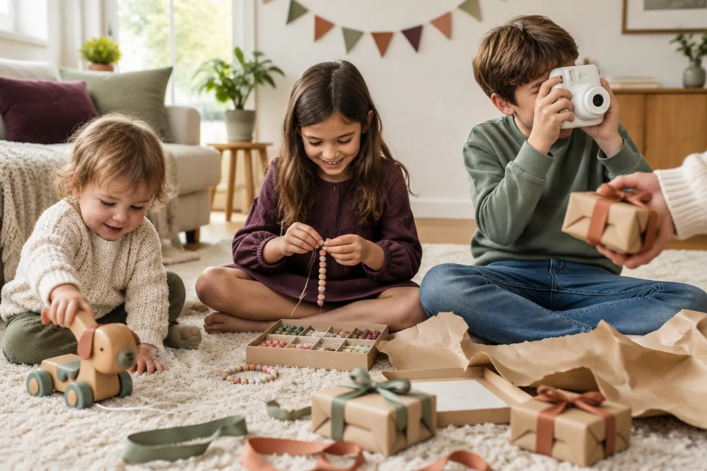 Trois enfants de 2, 6 et 10 ans ouvrent leurs cadeaux sur un tapis : le plus petit pousse un chien en bois, sa sœur enfile des perles, son frère prend une photo